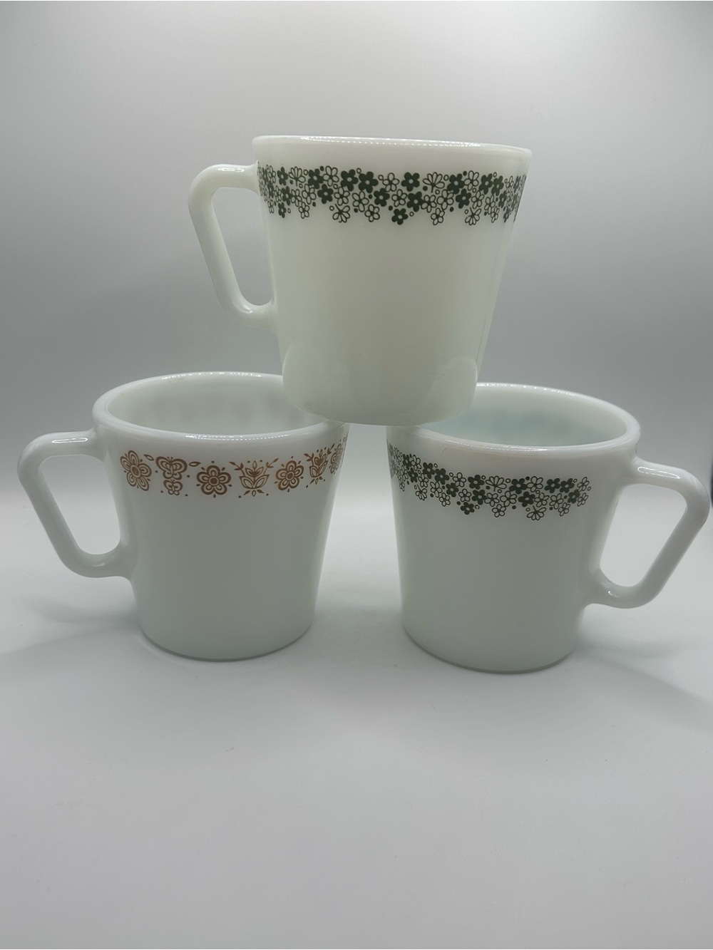 Vintage Pyrex #1410 Milk Glass Mugs Set: Honeydew & Butterfly Gold Floral 1970